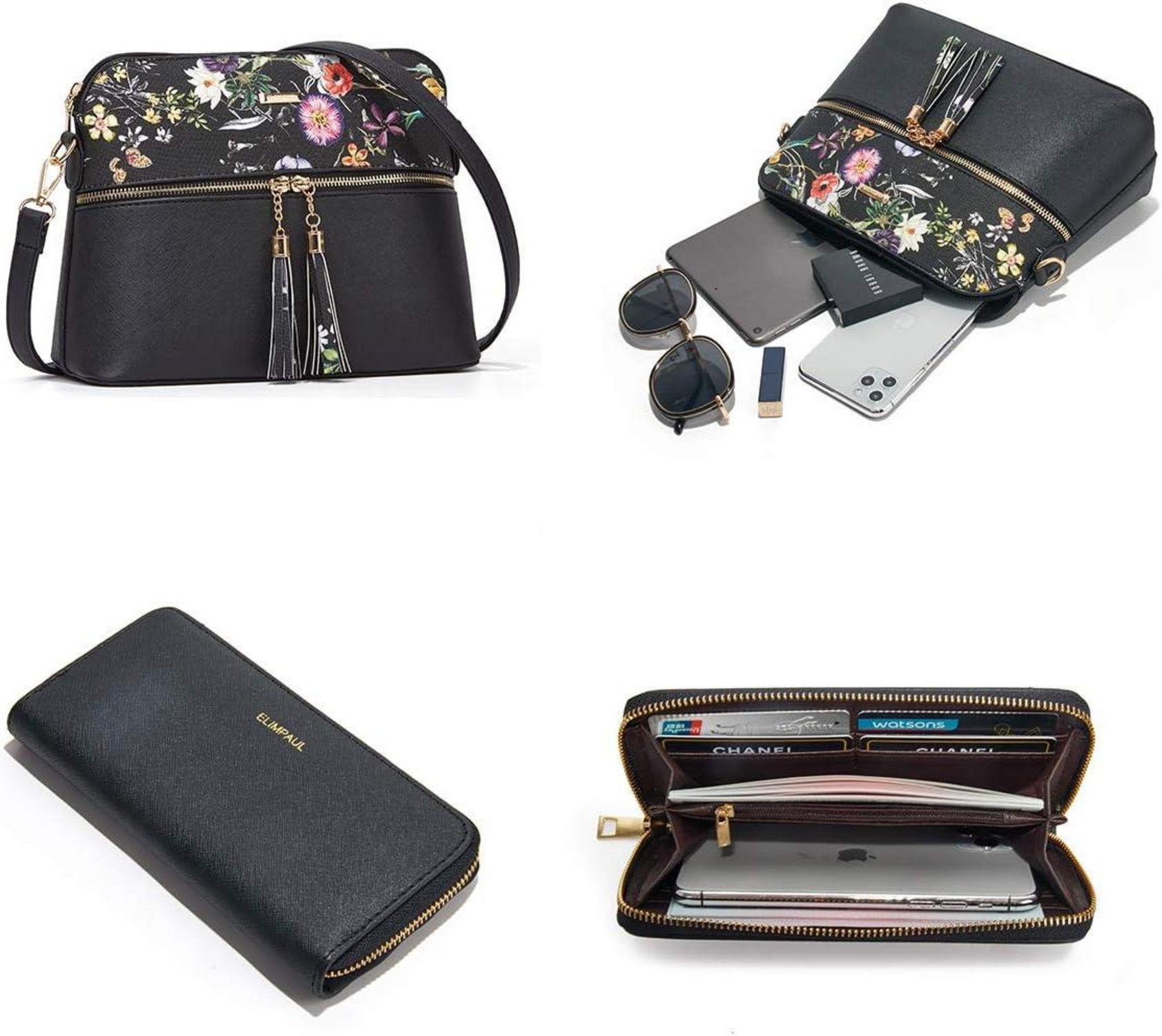 Damen Handtasche Tote Schultertasche Umhängetasche Set Schwarz