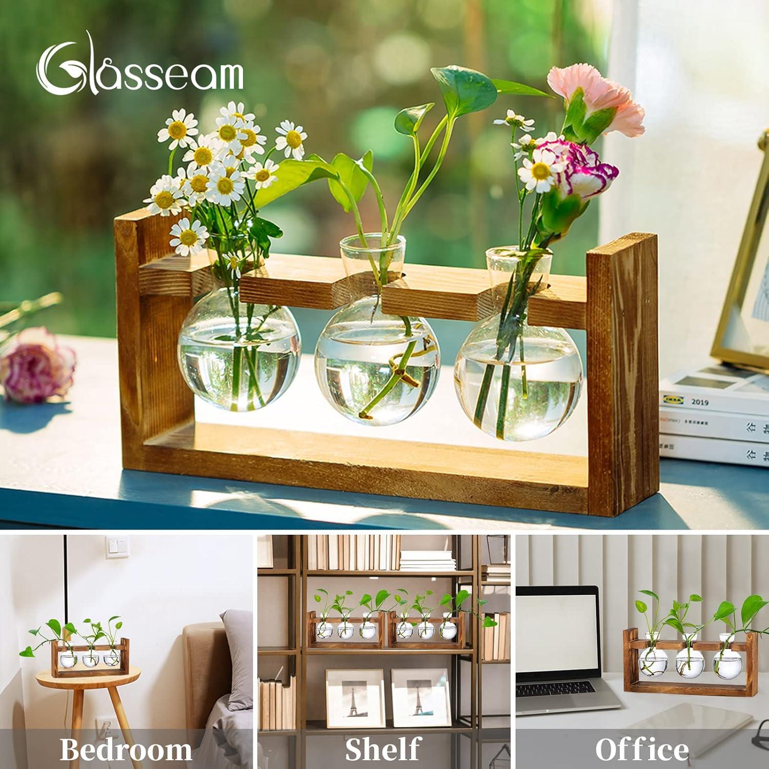 Kleine Glasvasen Set 3-teilig Holzständer Blumenvase Vintage