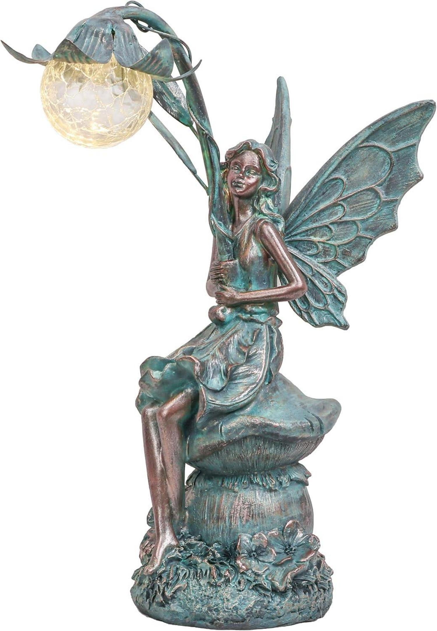 Gartendeko Elfen Solar Fairy Bronze 35cm Statue Glaskugeln