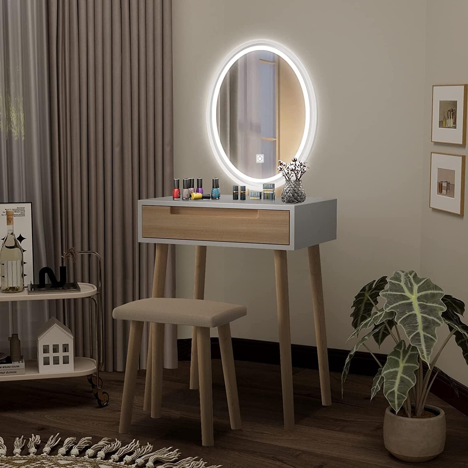 Schminktisch LED Spiegel Schubladen Hocker Kosmetiktisch Make-up Tisch