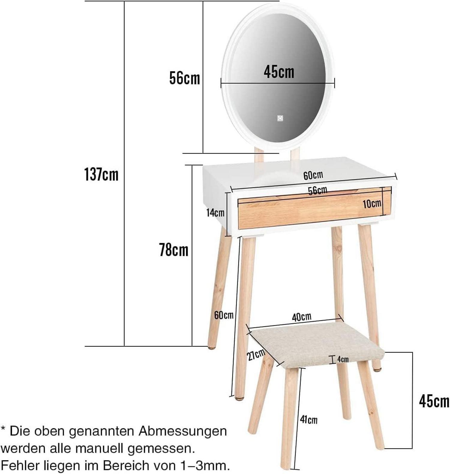 Schminktisch mit LED Spiegel, Kosmetiktisch mit Hocker, Modern