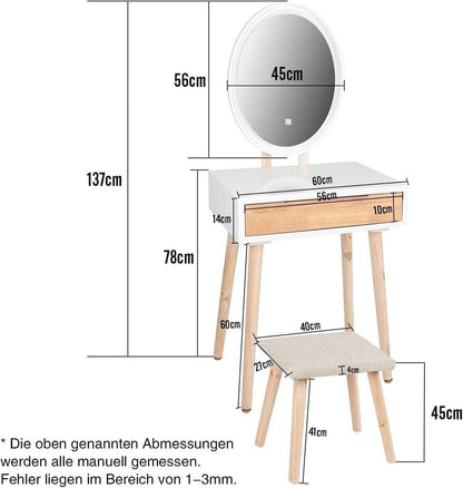 Schminktisch mit LED Spiegel, Kosmetiktisch mit Hocker, Modern