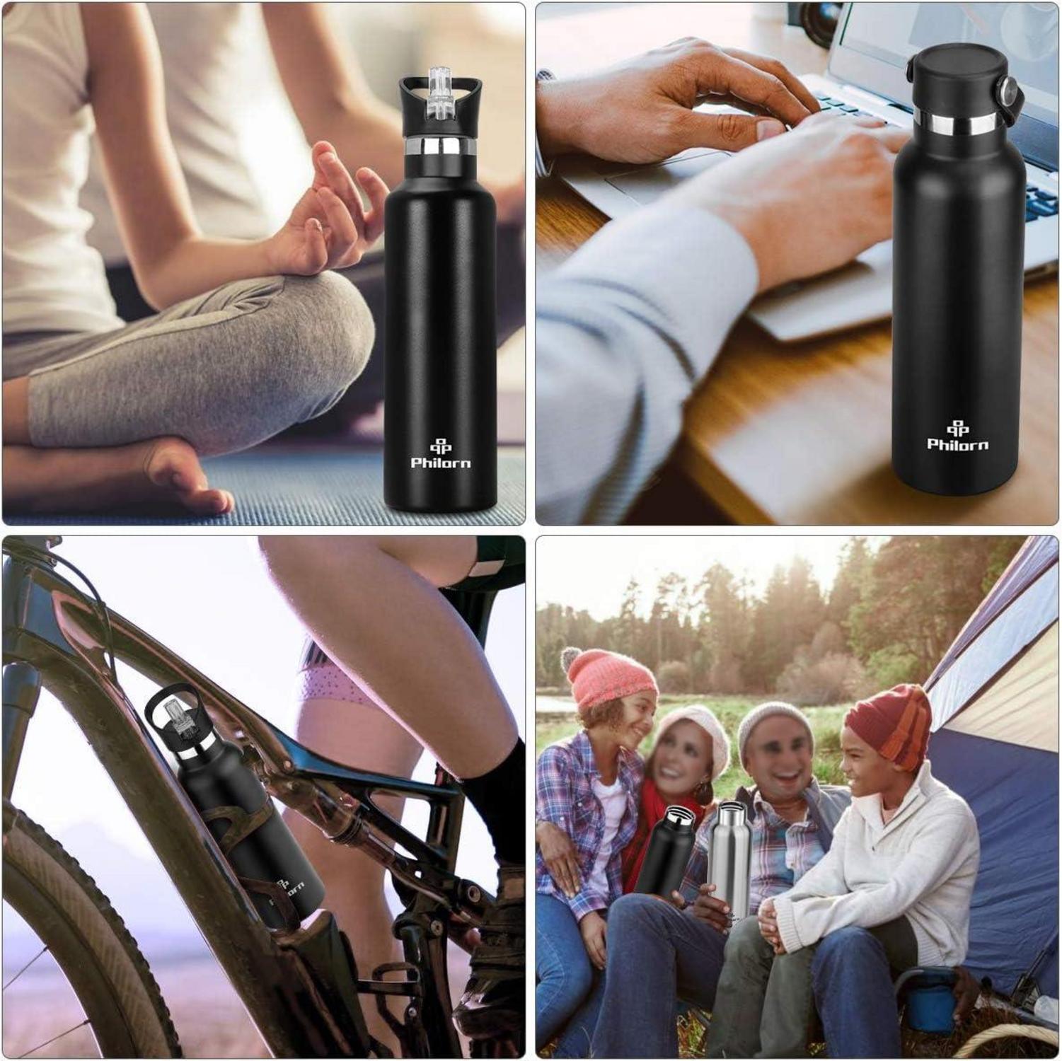 Philorn 1000ML Thermosflasche Rostfreier Stahl Isolierflasche schwarz