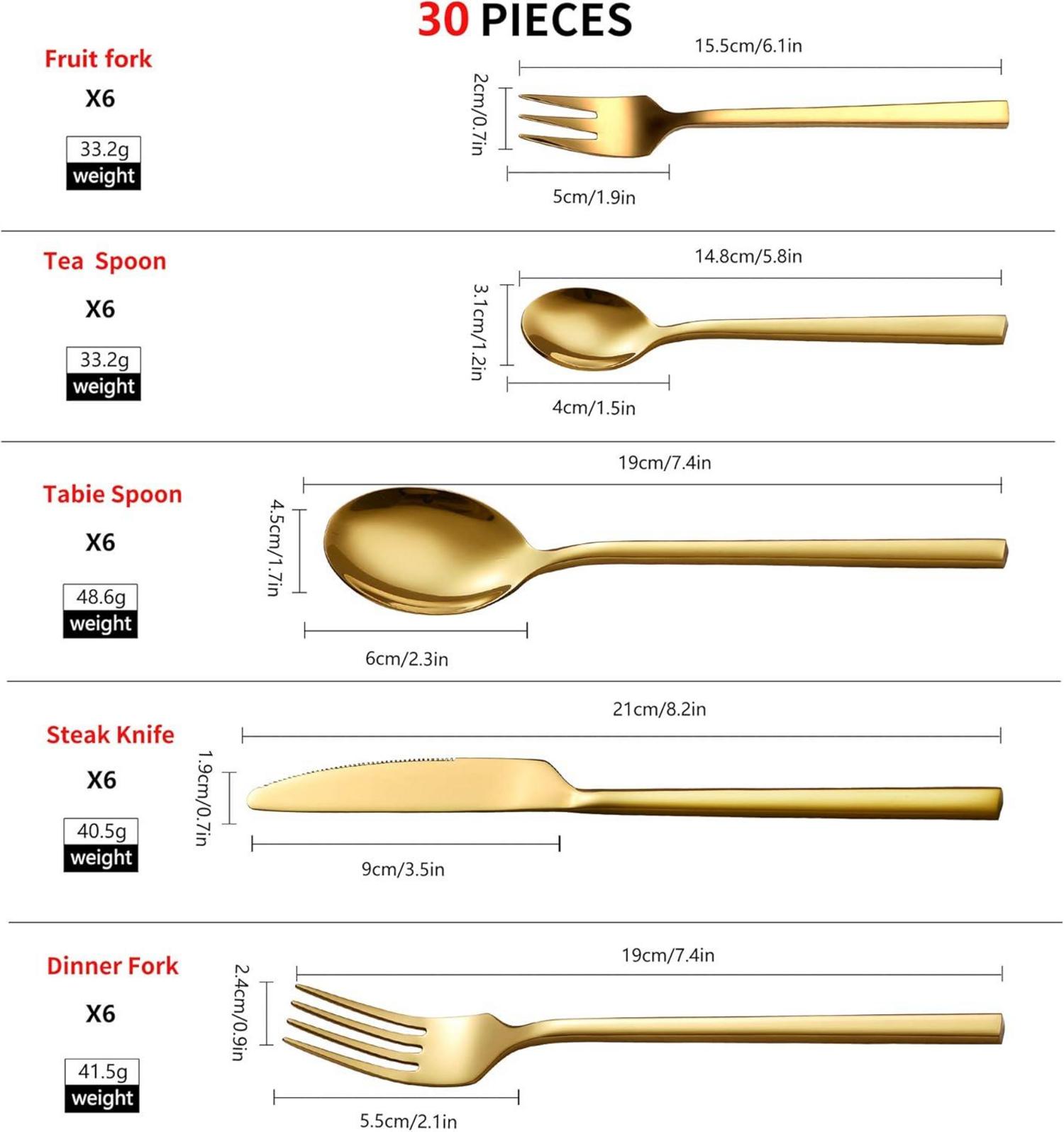 Velaze 30-teiliges Besteckset Edelstahl 18/10 Gold