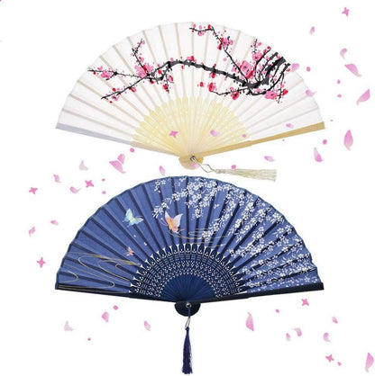 Faltbare Handfächer 2er Set Bambus Stoff Geschnitzt Chinesischer Stil