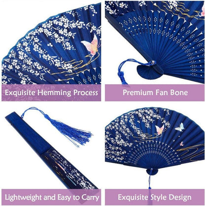 Faltbare Handfächer 2er Set Bambus Stoff Geschnitzt Chinesischer Stil