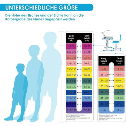 Höhenverstellbarer Kinderschreibtisch mit Lampe und Stuhl in