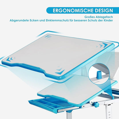 Höhenverstellbarer Kinderschreibtisch mit Lampe und Stuhl in