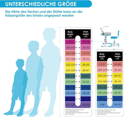 Höhenverstellbarer Kinderschreibtisch mit Lampe, Stuhl und Schublade Blau