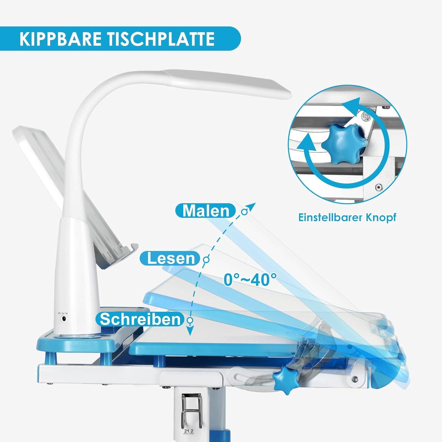 Höhenverstellbarer Kinderschreibtisch mit Lampe, Stuhl und Schublade Blau