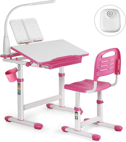 Höhenverstellbarer Kinderschreibtisch mit Lampe, Stuhl und Schublade