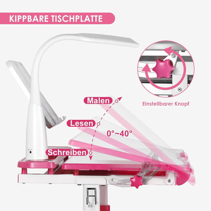 Höhenverstellbarer Kinderschreibtisch mit Lampe, Stuhl und Schublade