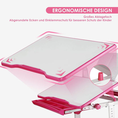 Kinderschreibtisch höhenverstellbar mit Lampe Stuhl Schublade Pink