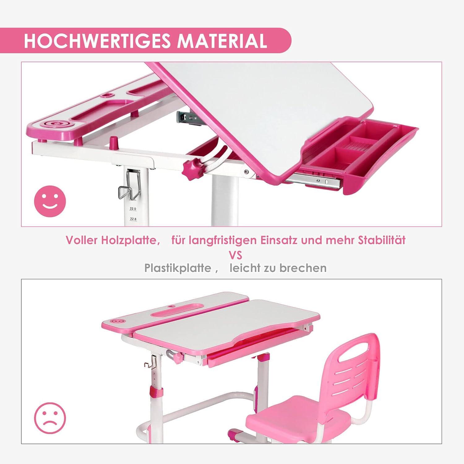 Höhenverstellbarer Kinderschreibtisch mit Schublade und Stuhl - Rosa