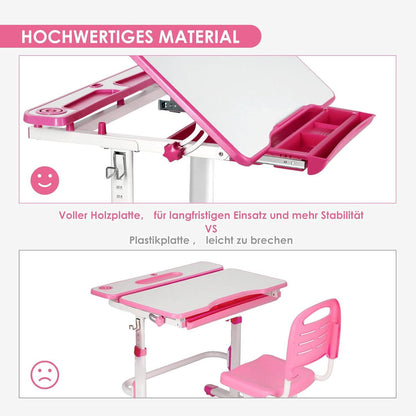 Höhenverstellbarer Kinderschreibtisch mit Schublade und Stuhl - Rosa
