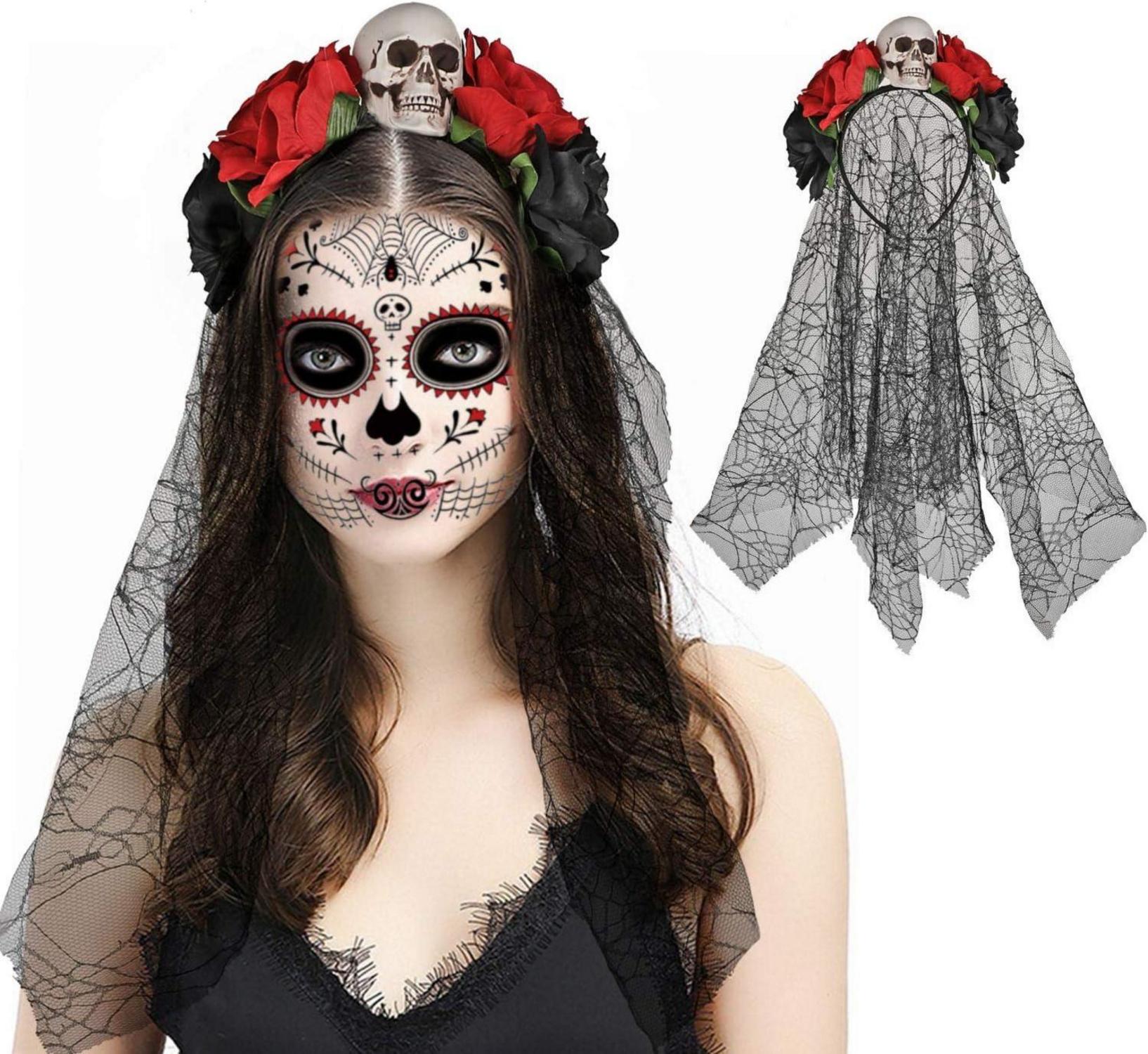 Halloween Totenkopf Haarreif mit Schleier und Rosen