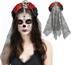 Halloween Totenkopf Haarreif mit Schleier und Rosen