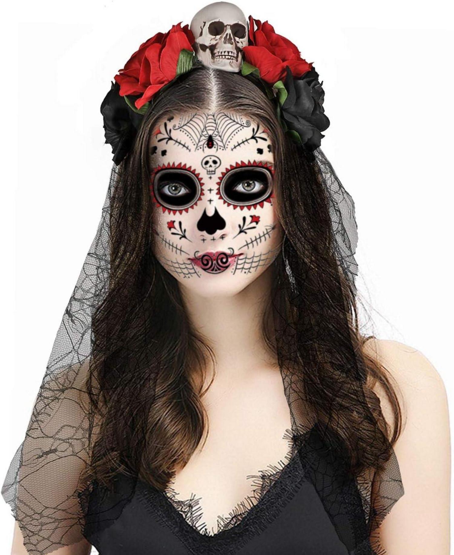 Halloween Totenkopf Haarreif mit Schleier und Rosen