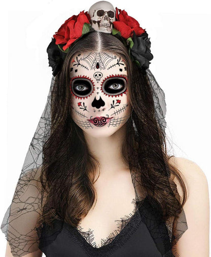 Halloween Totenkopf Haarreif mit Schleier und Rosen