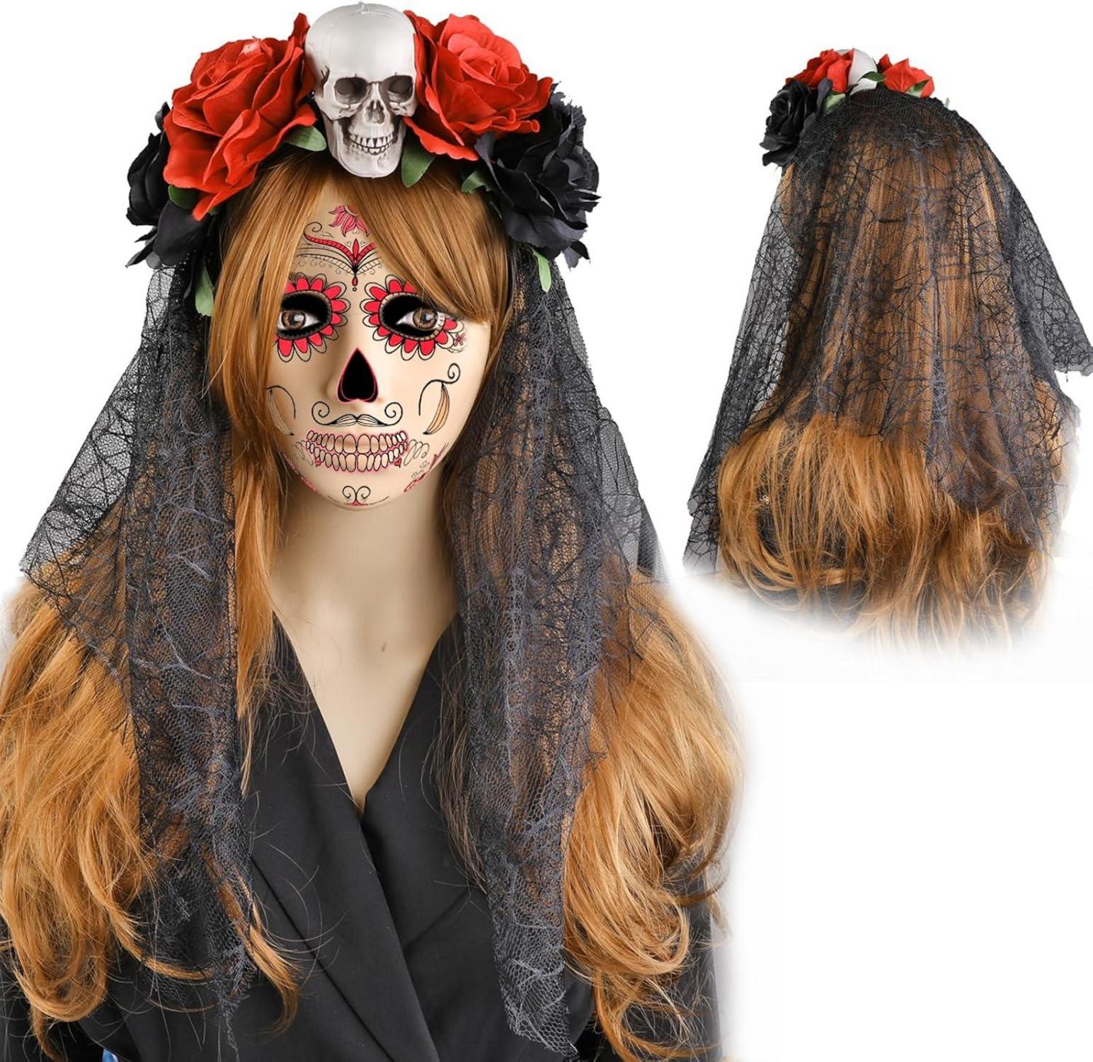 Halloween Haarreif Totenkopf Rose Schleier Gesicht Tattoo