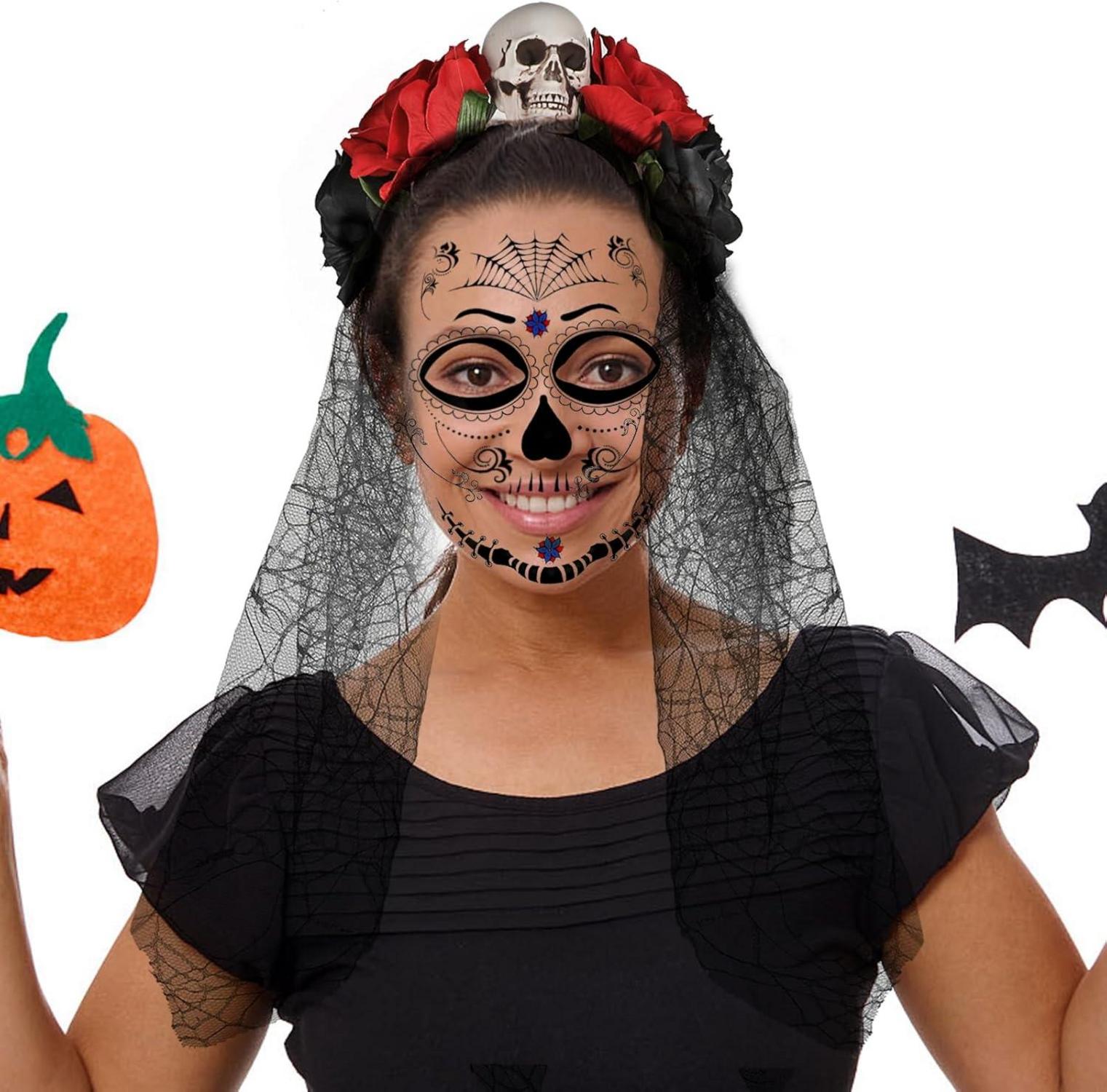 Halloween Haarreif Totenkopf Rose Schleier Dia de los Muertos Haarschmuck