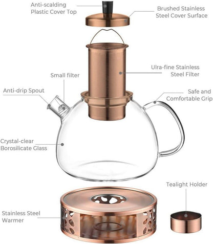 ecooe Teekanne Glas Teesieb Teewärmer Edelstahl 1500ml Schwarz Grün