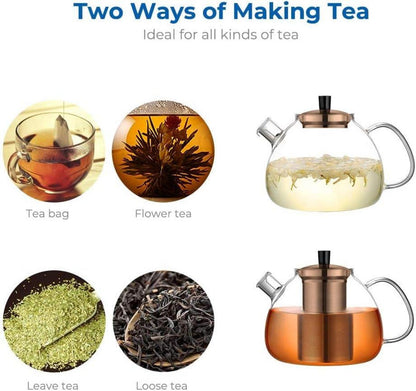 Teekanne aus Glas mit Teesieb und Teewärmer, 1500 ml, Edelstahl