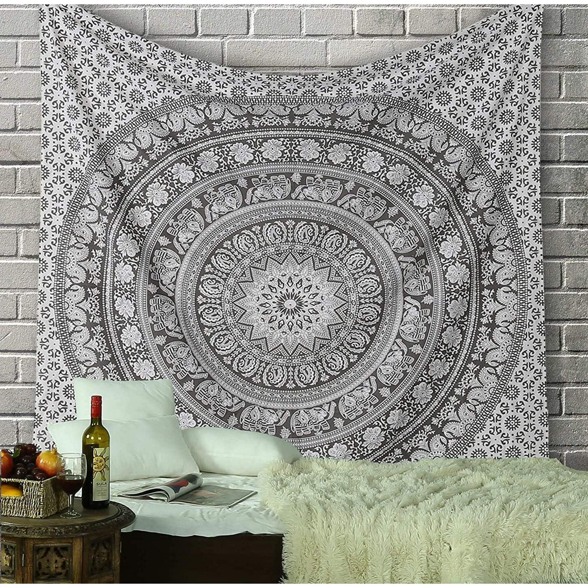 Mandala Wandteppich Baumwolle Grau 230x213 cm