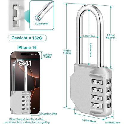 Vorhängeschloss 4-stellig Zahlenschloss mit langem Bügel 2er