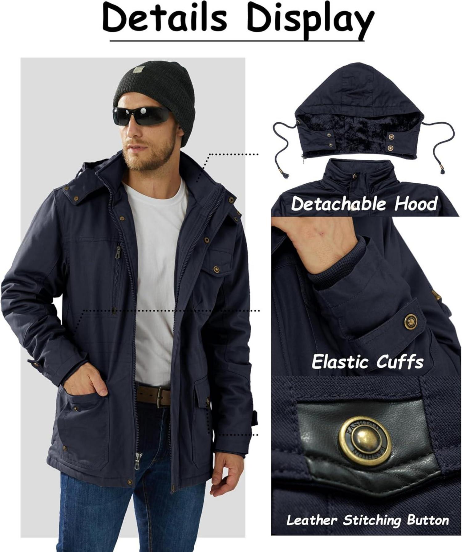 Herren Winterjacke mit Abnehmbarer Kapuze Militär-Stil und Multitaschen dunkelblau