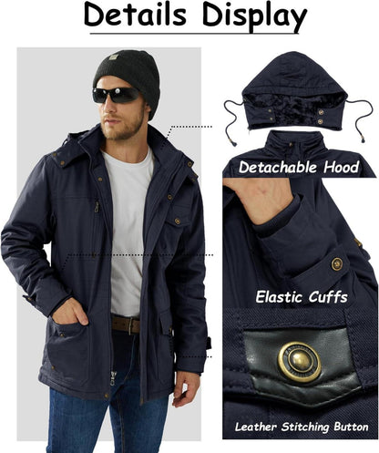 Herren Winterjacke mit Abnehmbarer Kapuze Militär-Stil und Multitaschen dunkelblau