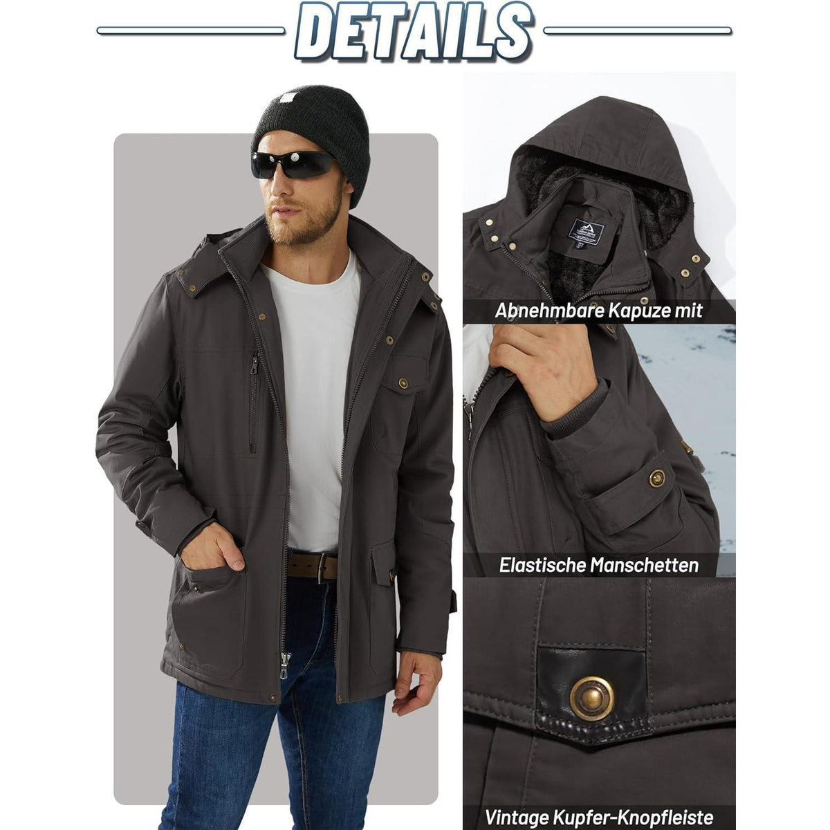 Herren Winterparka mit Kapuze & Cargo Taschen Dunkelgrau