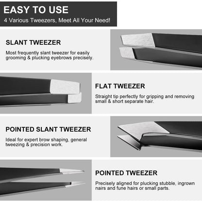4er Pinzettenset Edelstahl Schwarz - Augenbrauenpinzette