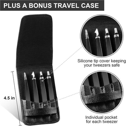 4er Pinzettenset Edelstahl Schwarz - Augenbrauenpinzette