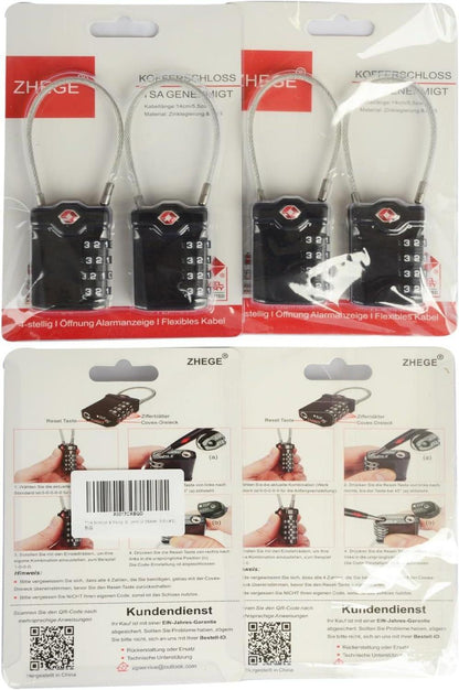 TSA Schloss 4-stellig, Kofferschloss, Gepäckschlösser, Öffnungsalarm, Kabelschloss (4er