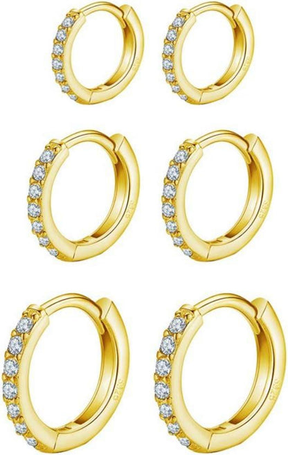 Kleine Gold Creolen Ohrringe 3 Paar AAA Zirkonia 925 Silber Gold