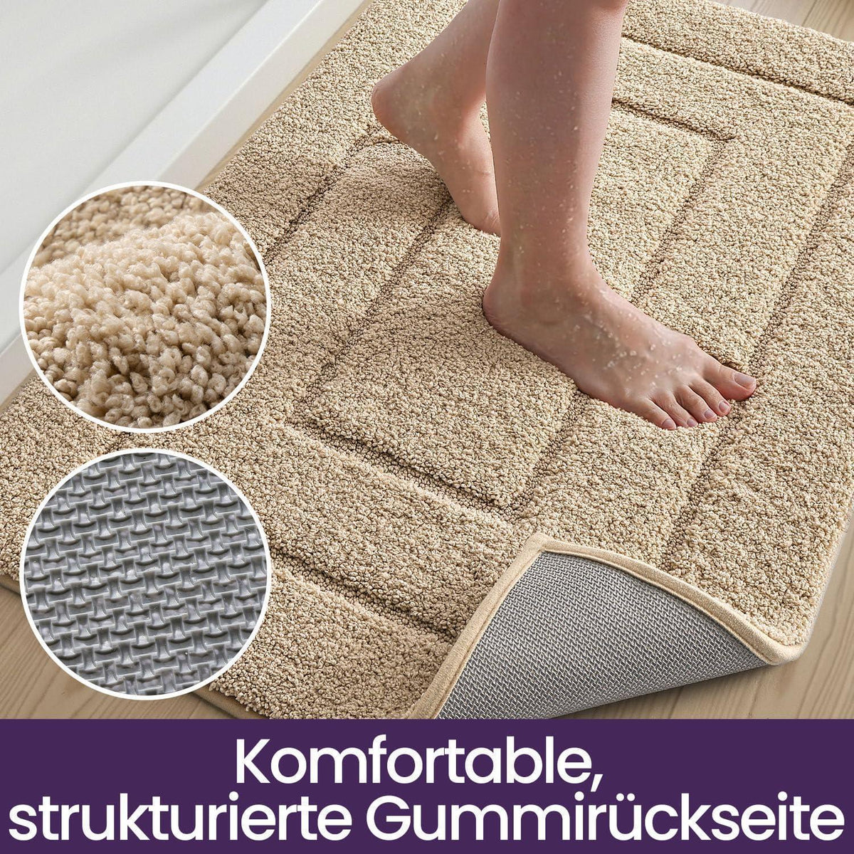 Rutschfeste Badematte Mikrofaser Beige 60x90 cm