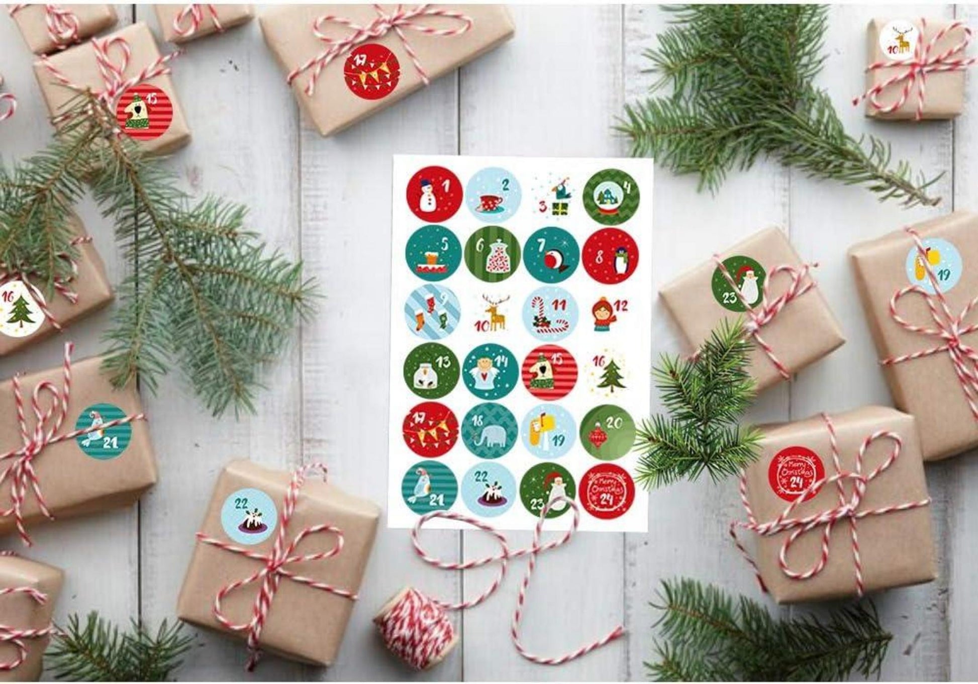 Adventskalender Zahlen Sticker 5 Sets mit je 24 runden Aufklebern 4cm für Weihnachtskalender