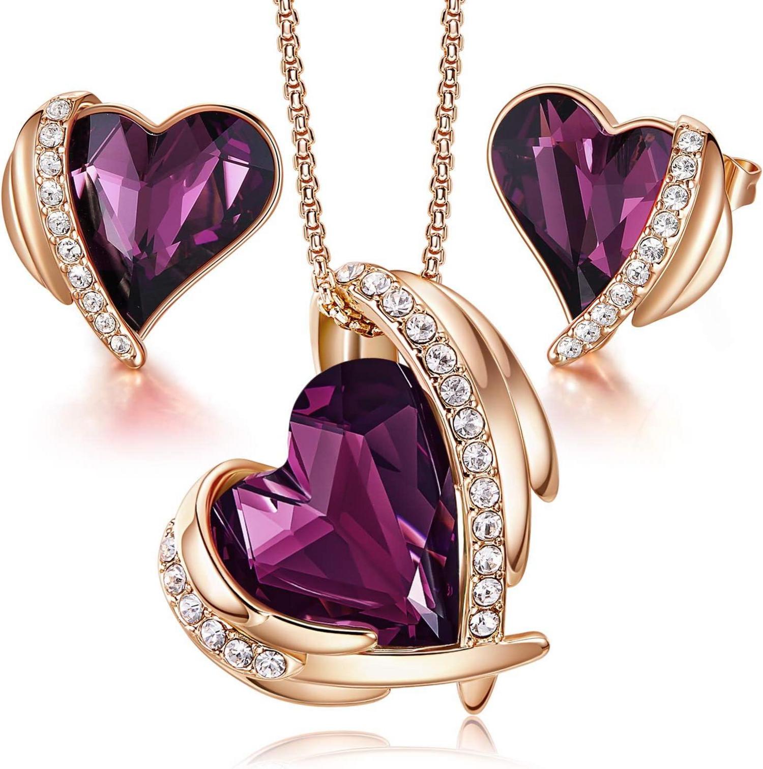 Herz Halskette Ohrringe Set Rosegold Lila Geschenkbox
