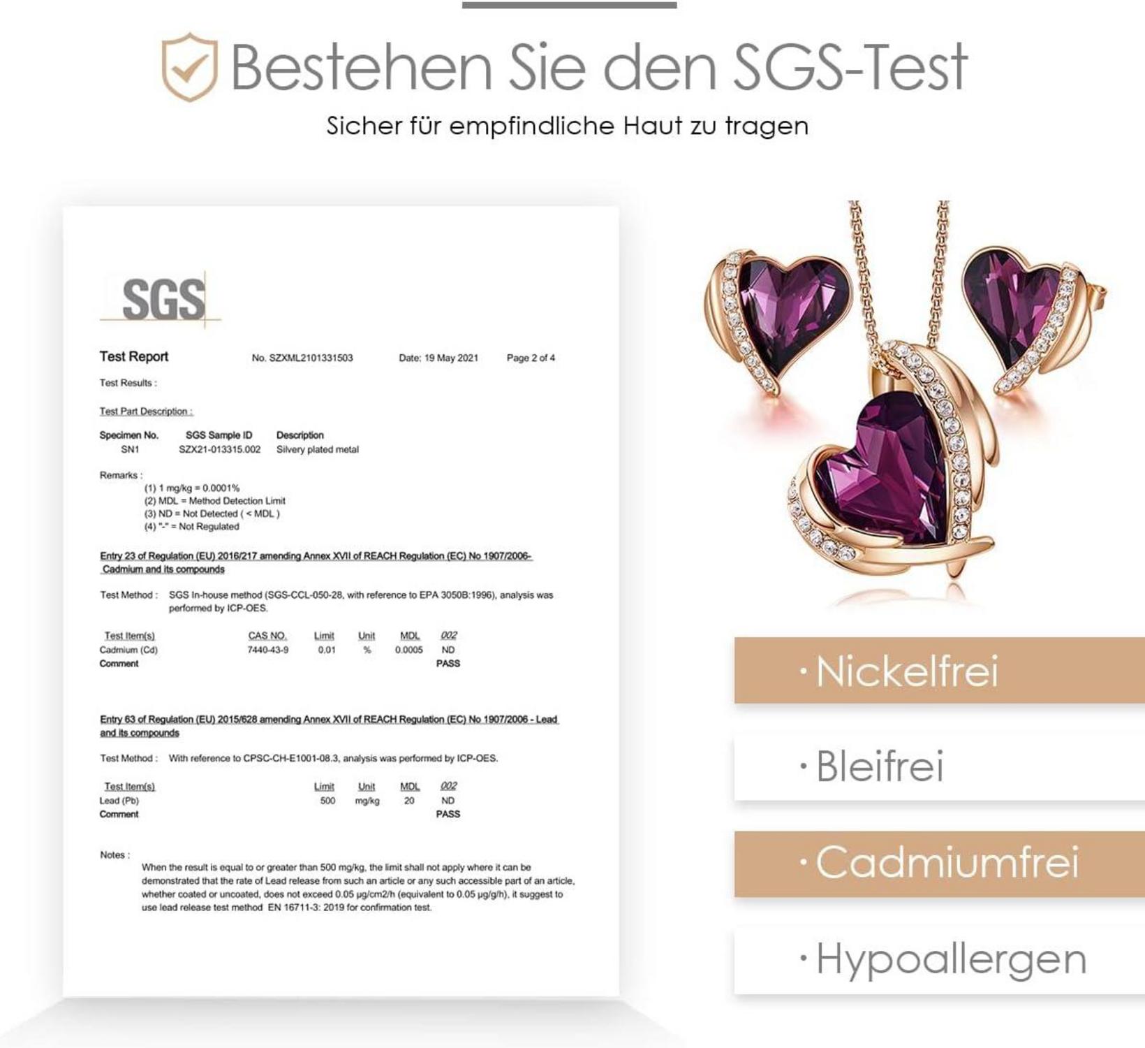 Schmuckset Damen Herz Halskette Ohrringe Rosegold Lila mit Geschenkbox