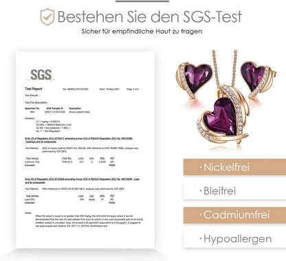 Schmuckset Damen Herz Halskette Ohrringe Rosegold Lila mit Geschenkbox