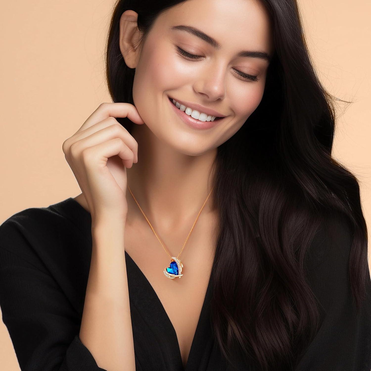 CDE Kette Damen Rosegold Herz Halskette mit Blauem Kristall
