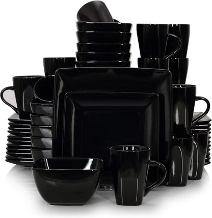 Tafelservice Steinzeug Set 48 teilig eckig Schwarz