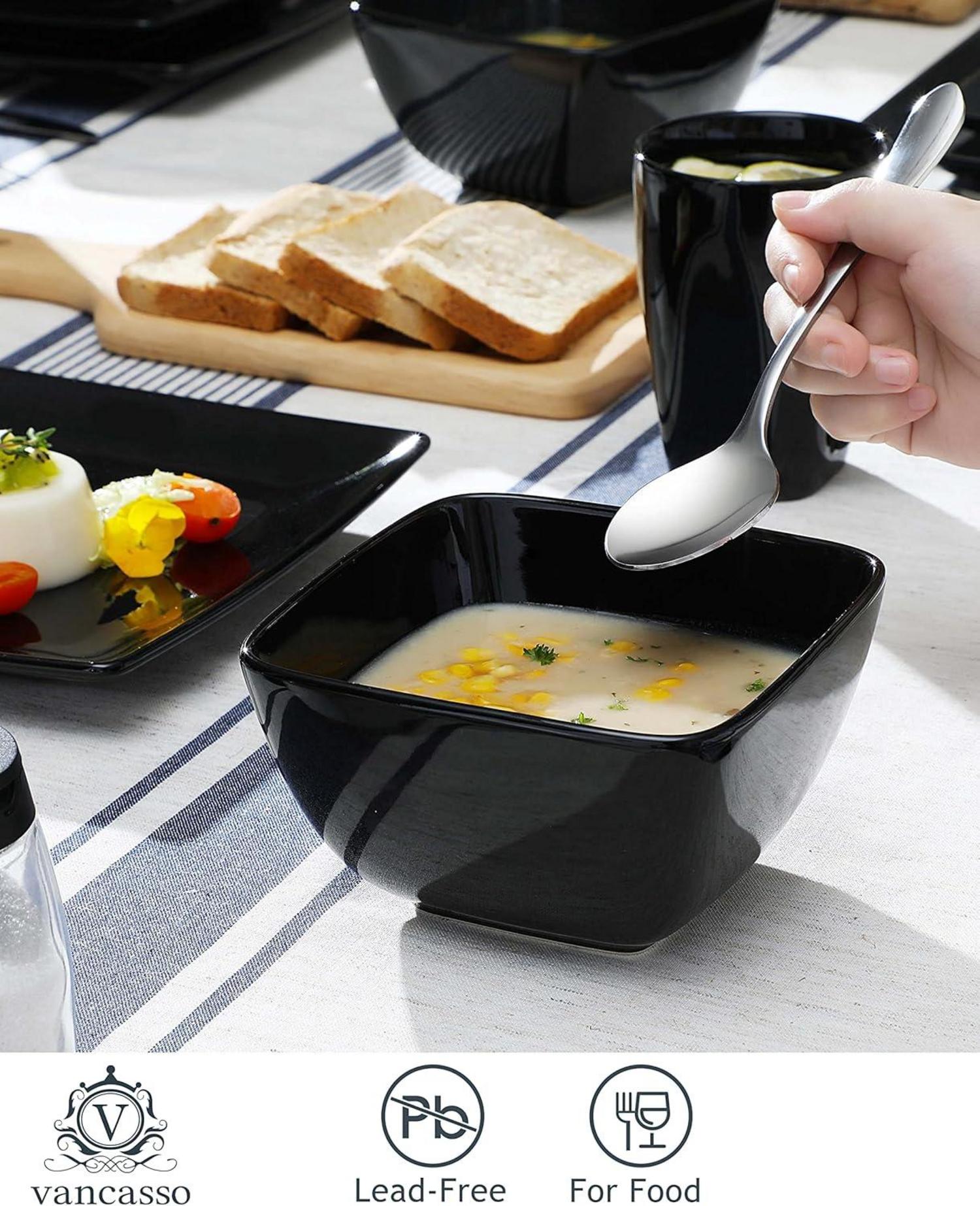 Tafelservice Steinzeug Set 48 teilig eckig Schwarz