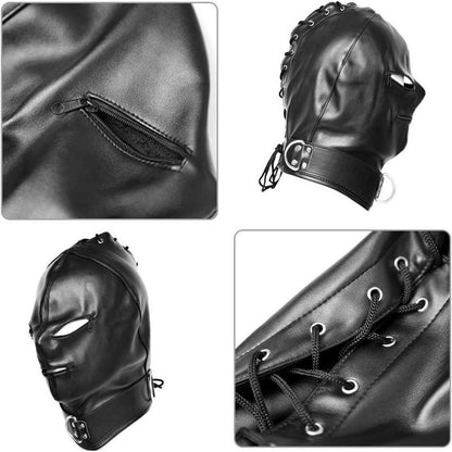 SM Leder Kopfmaske Bondage Hood mit Reißverschluss, Augen- und