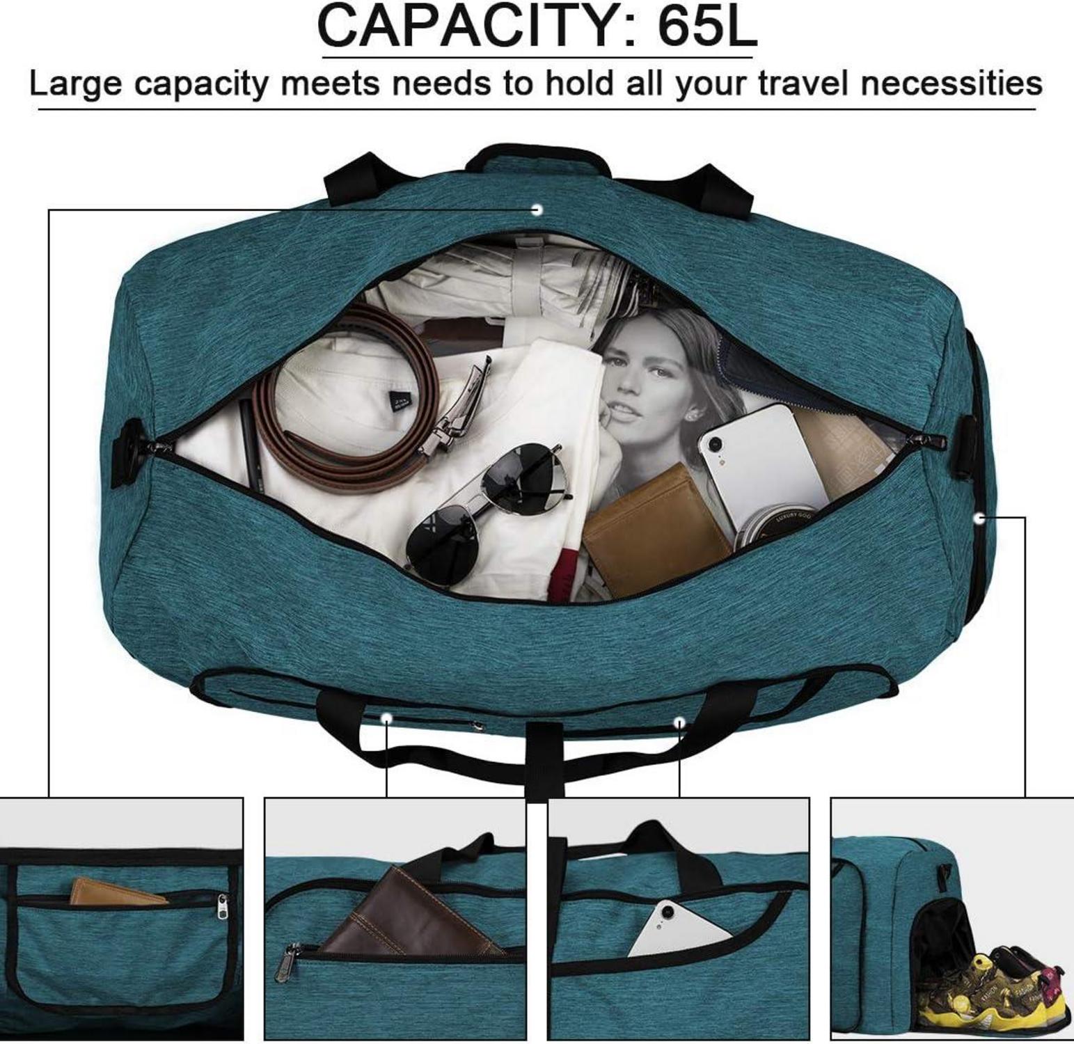 Faltbare Reisetasche 65L Schwarz mit Schuhfach