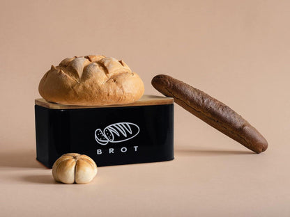 Brotkasten Bambus Deckel Schneidebrett Metall 30cm 18cm 14cm Schwarz