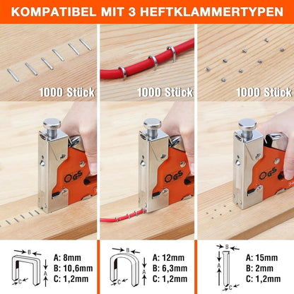 3-in-1 Handtacker Set mit 3000 Klammern - Profi Tacker Holz