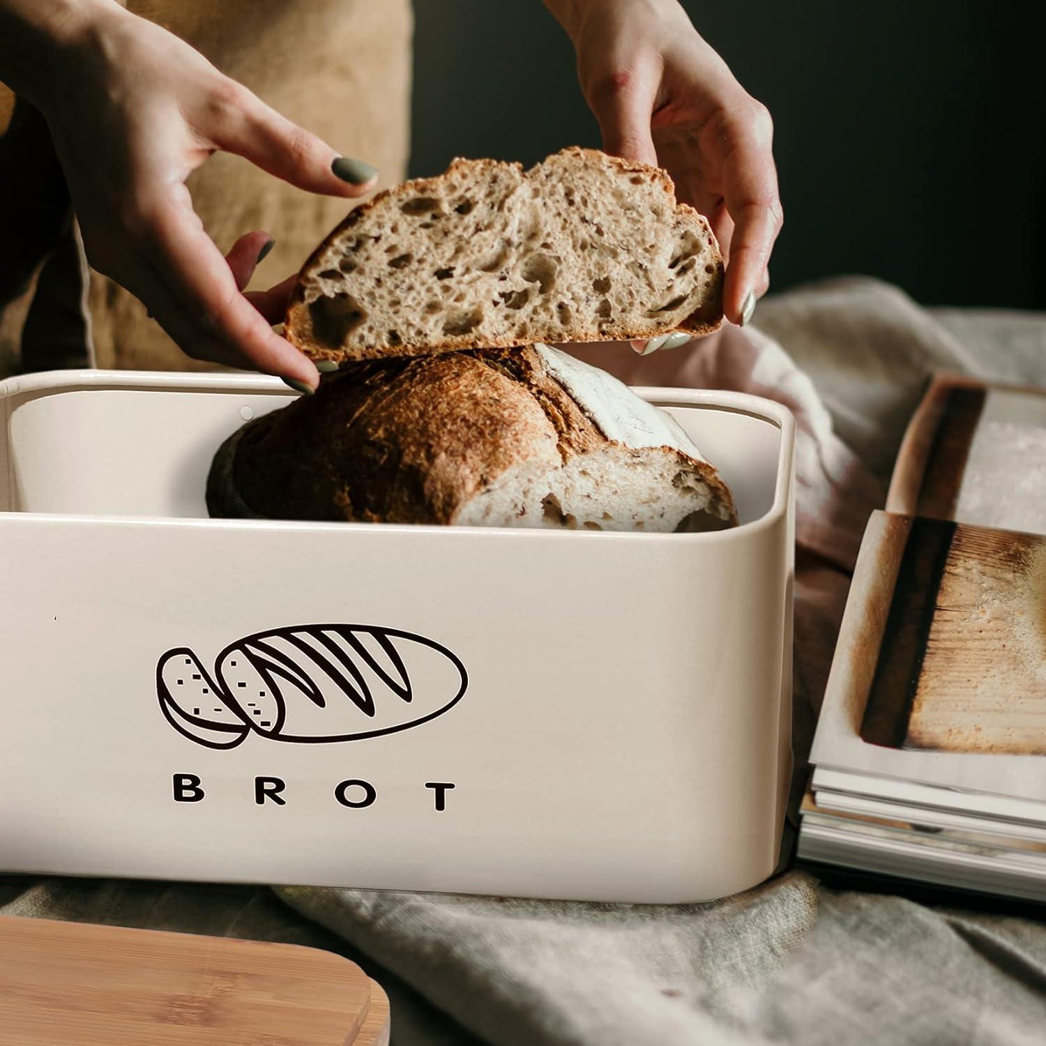 Brotkasten aus Metall mit Bambusdeckel 30cm Aufbewahrung Beige