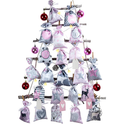 Adventskalender Kette mit 24 Stoffsäckchen Rosa Grau, DIY